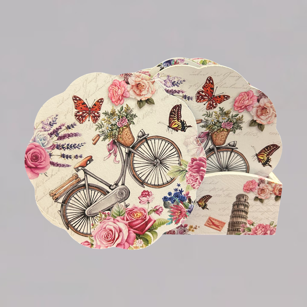 Wooden Coaster Set with Vintage Bicycle & Floral Print