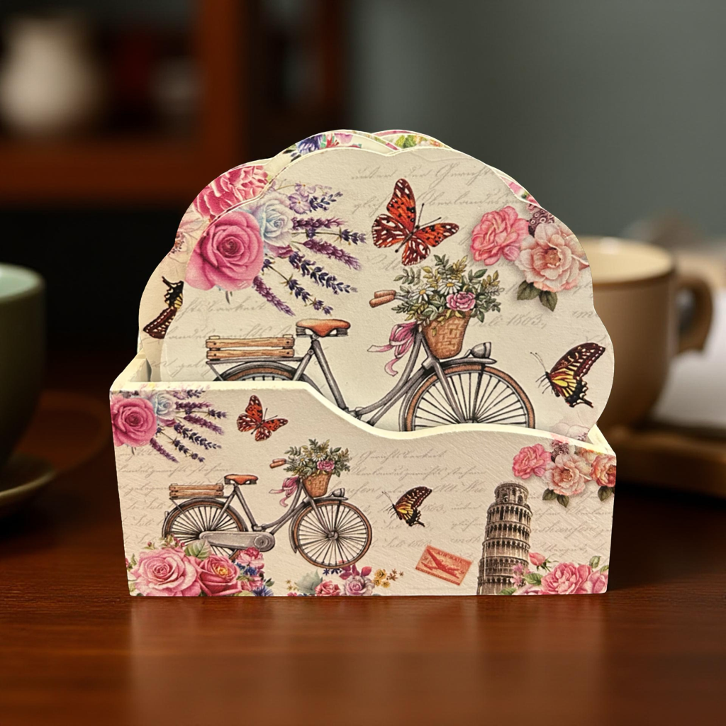 Wooden Coaster Set with Vintage Bicycle & Floral Print