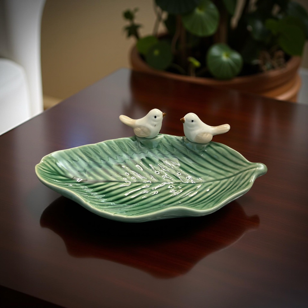 Handcrafted Green Leaf Ceramic Plate with Bird Figurines