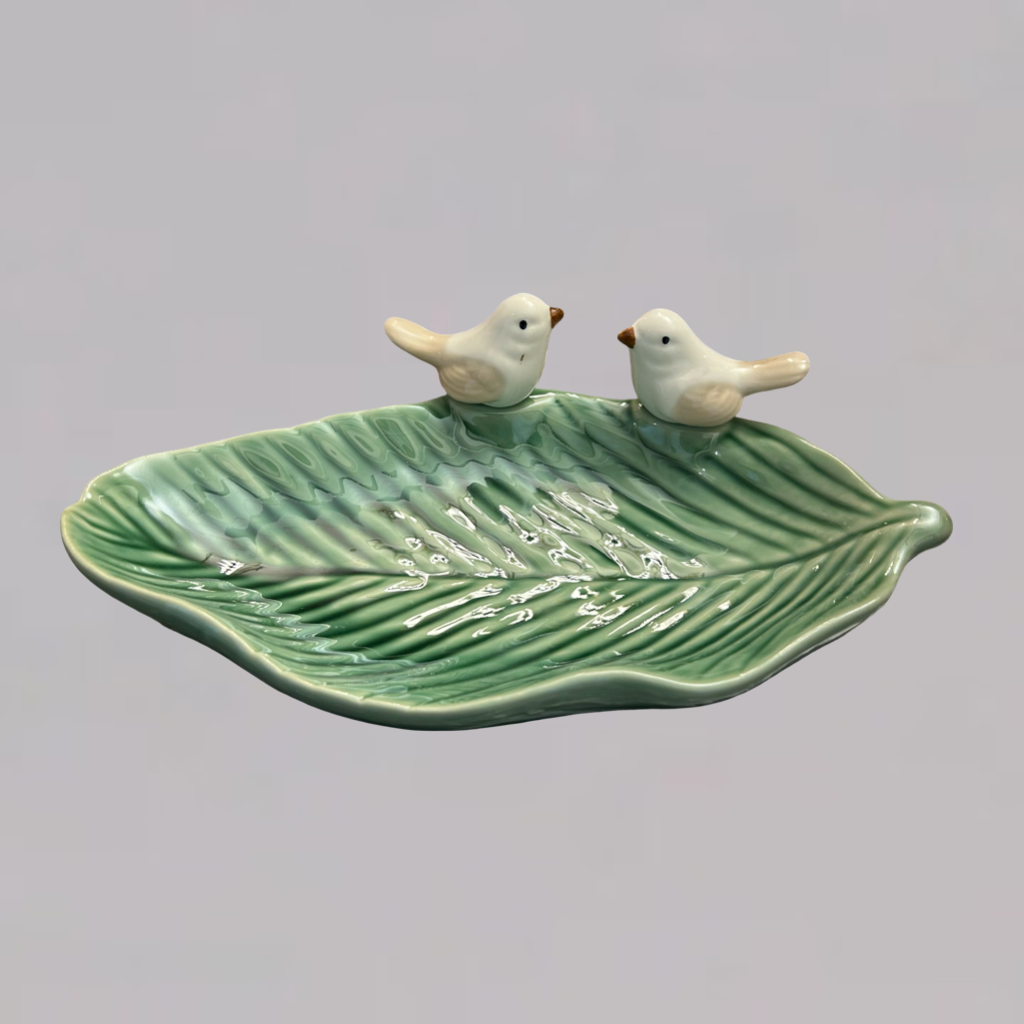 Handcrafted Green Leaf Ceramic Plate with Bird Figurines