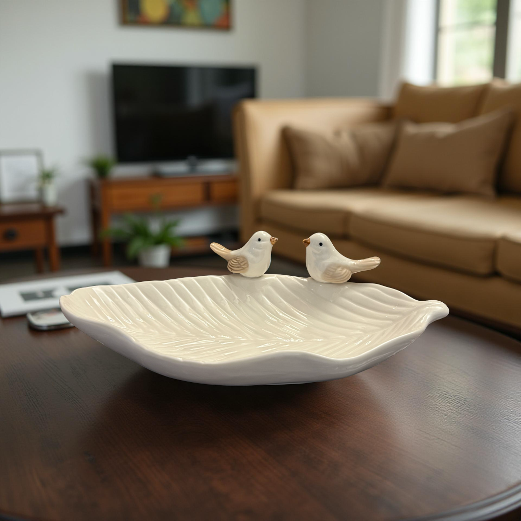 Handcrafted White Leaf Ceramic Plate with Bird Figurines