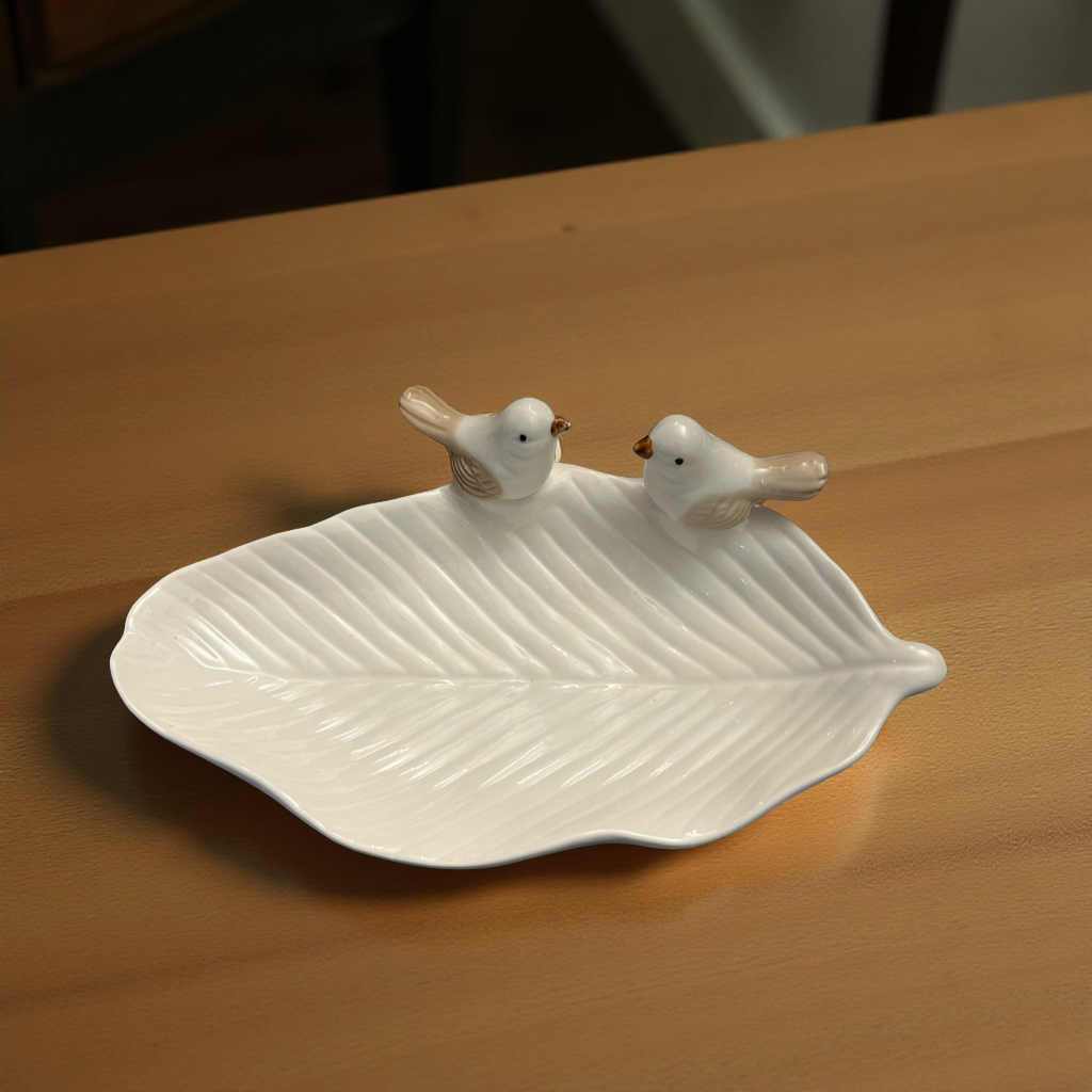 Handcrafted White Leaf Ceramic Plate with Bird Figurines
