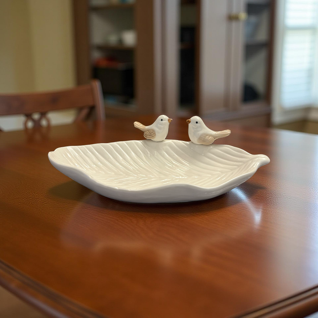 Handcrafted White Leaf Ceramic Plate with Bird Figurines
