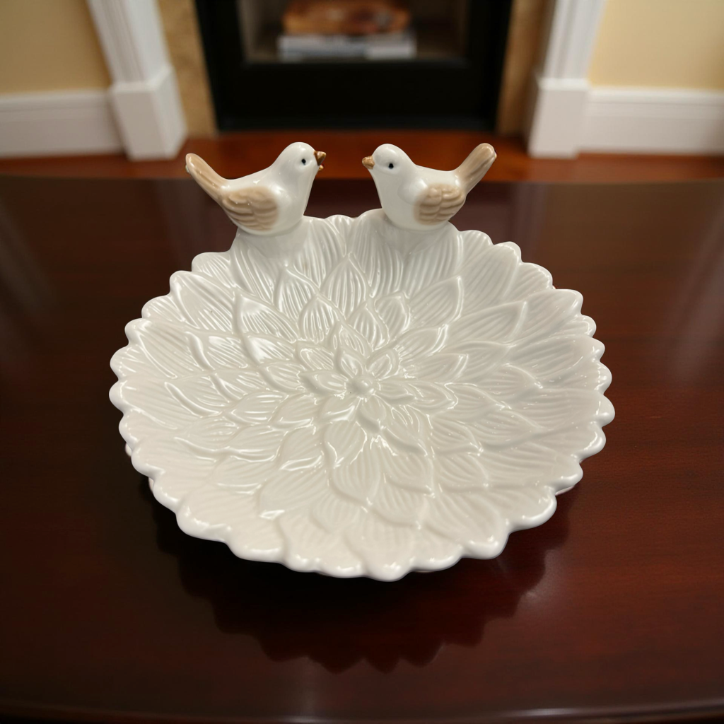 Elegant Ceramic Flower Pattern Dish with Bird Accents