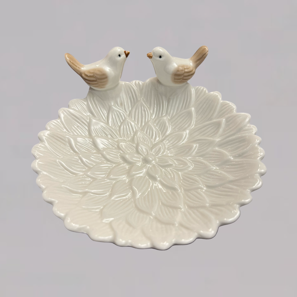 Elegant Ceramic Flower Pattern Dish with Bird Accents