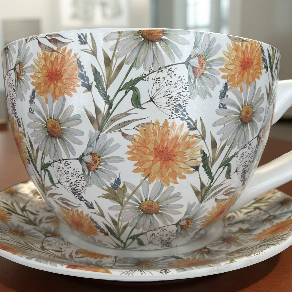 Decorative Oversized Floral Cup and Saucer Style – Ceramic Planter