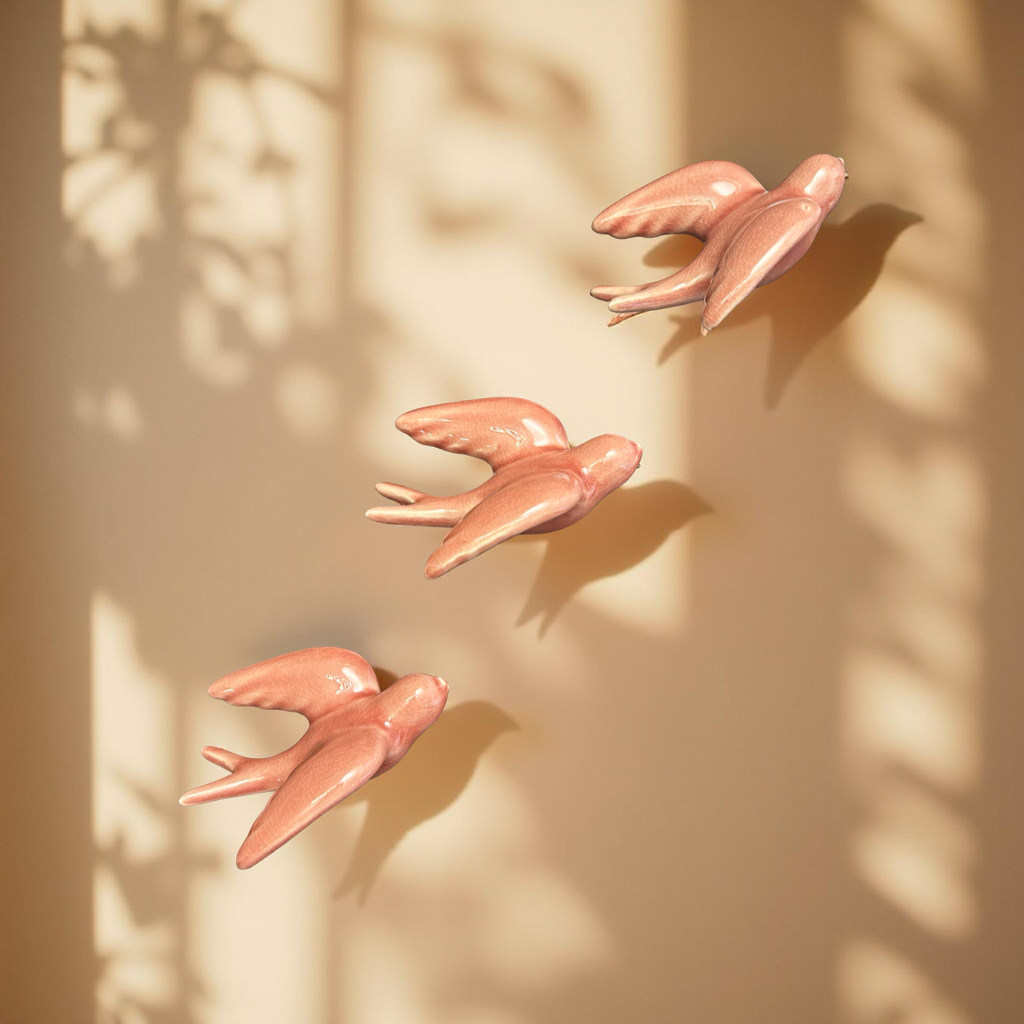 Elegant Pink Bird Wall Décor towards Right Direction - Set of 3
