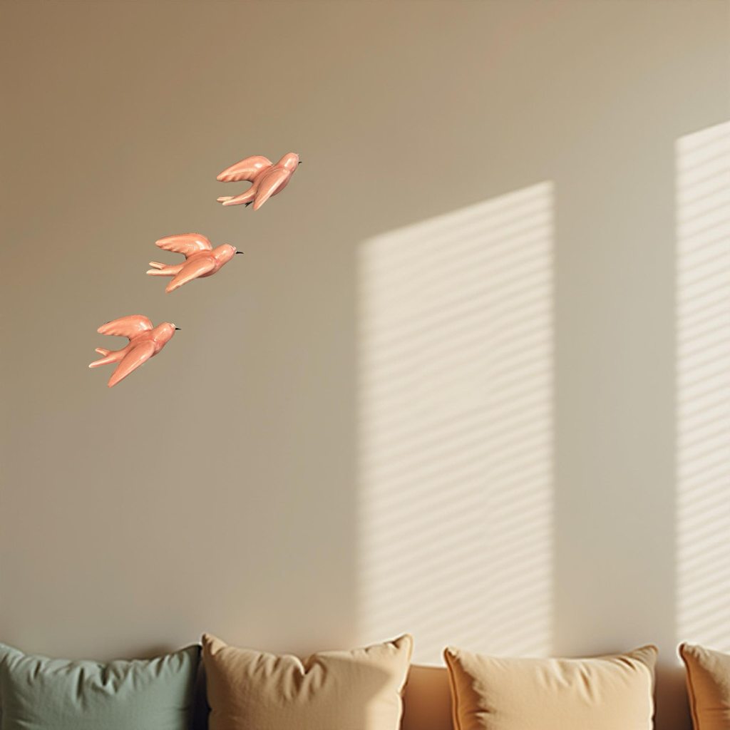 Elegant Pink Bird Wall Décor towards Right Direction - Set of 3