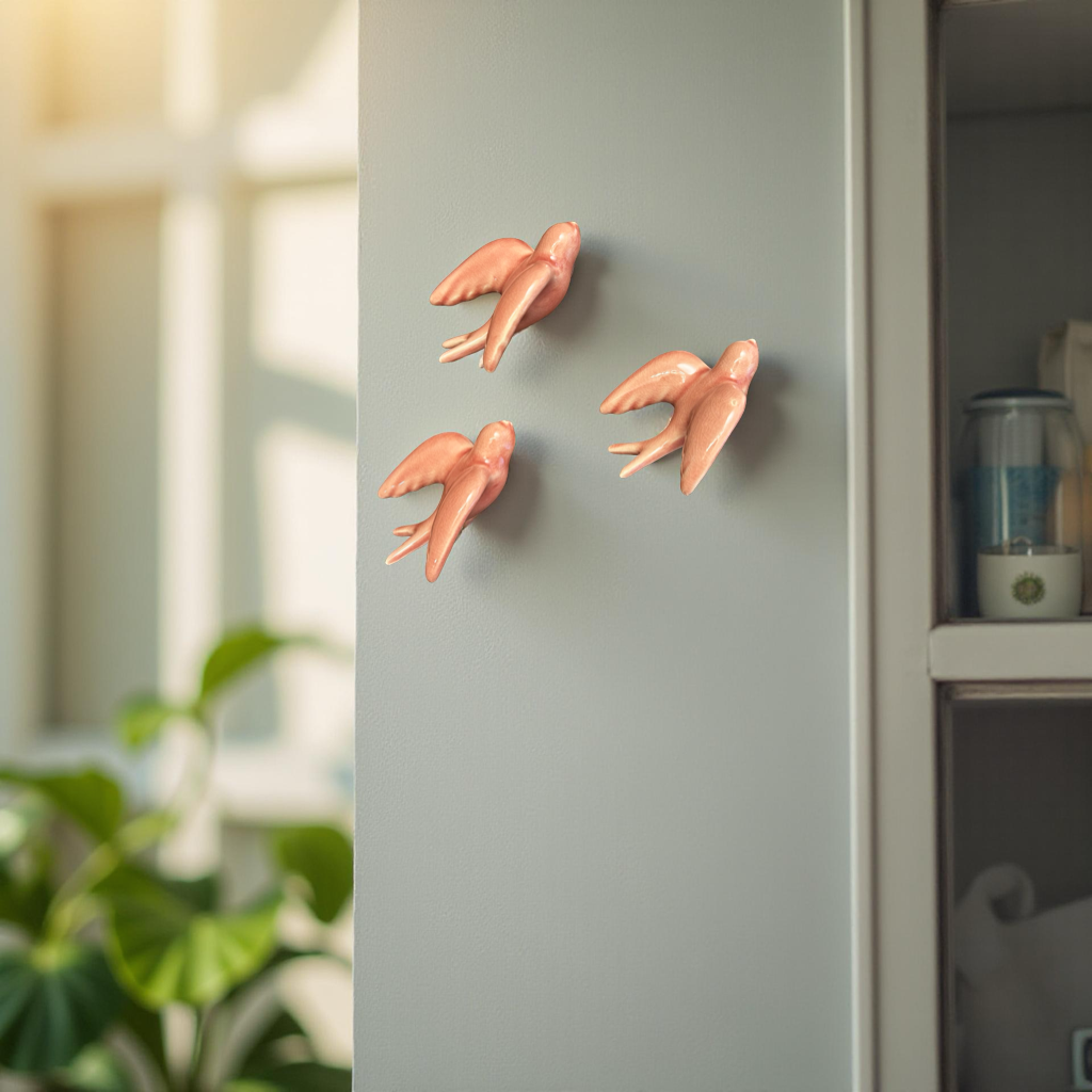 Elegant Pink Bird Wall Décor towards Right Direction - Set of 3