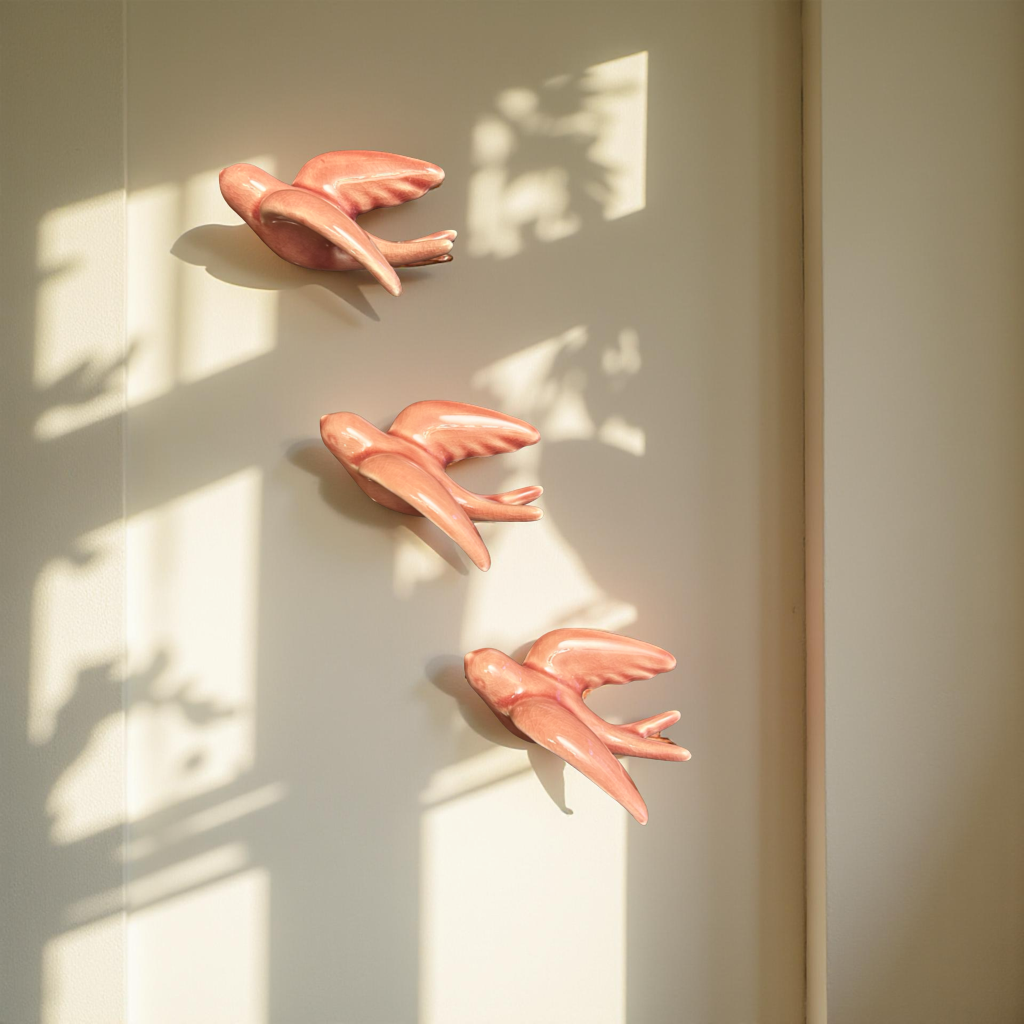 Elegant Pink Bird Wall Décor towards Left Direction - Set of 3