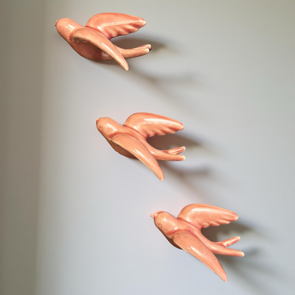 Elegant Pink Bird Wall Décor towards Left Direction - Set of 3
