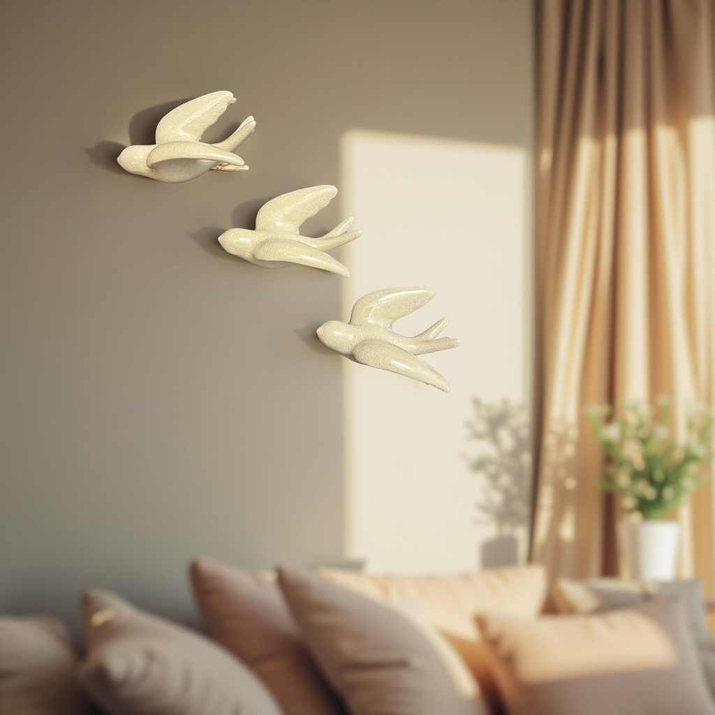 Elegant White Bird Wall Décor towards left Direction - Set of 3