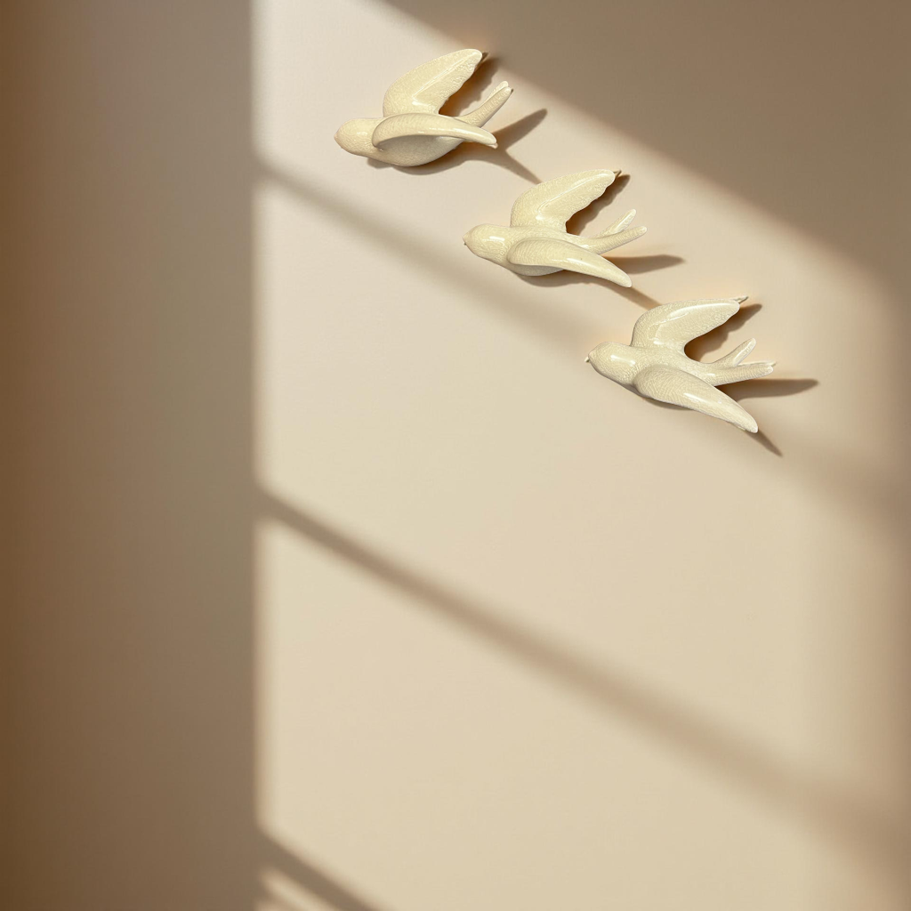 Elegant White Bird Wall Décor towards left Direction - Set of 3