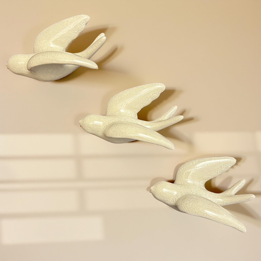 Elegant White Bird Wall Décor towards left Direction - Set of 3