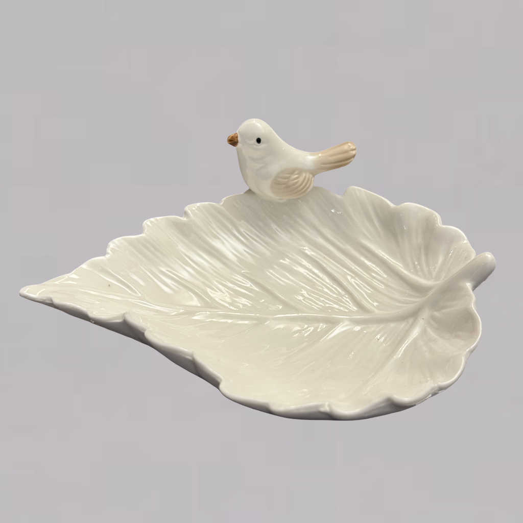 Elegant Ceramic Leaf Pattern Dish with Bird Accents