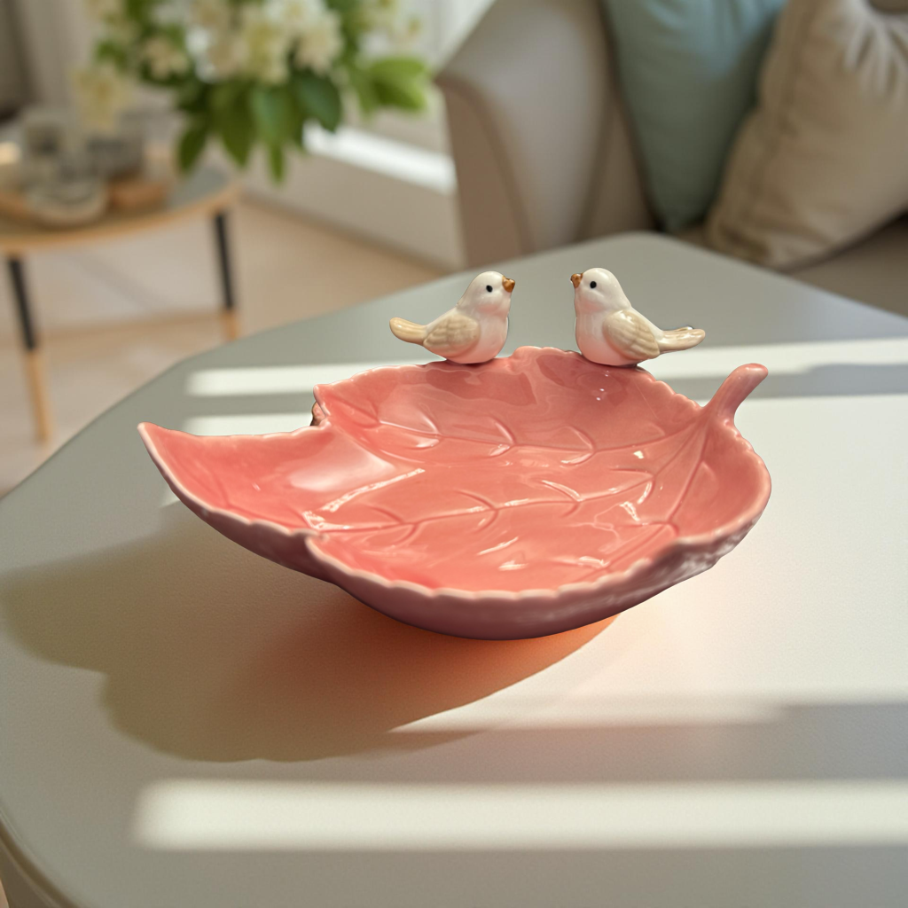 Elegant Ceramic Leaf Pattern Dish with Bird Accents
