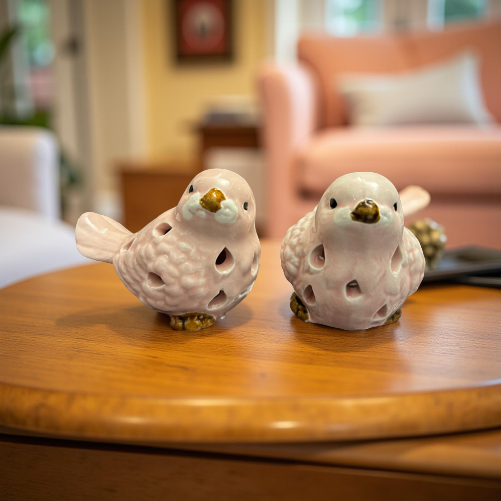 Elegant Pink Ceramic Birds Set with Golden Beak Small