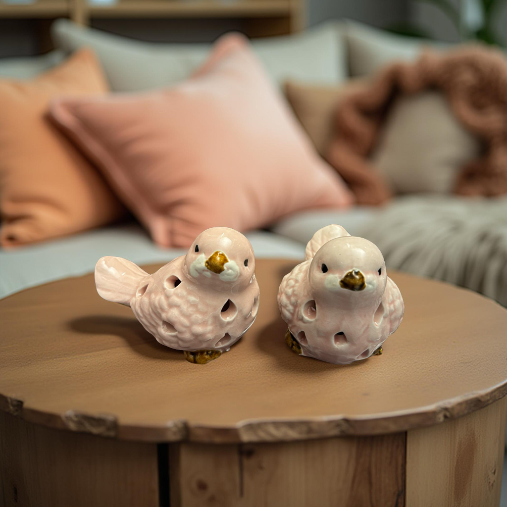 Elegant Pink Ceramic Birds Set with Golden Beak Small