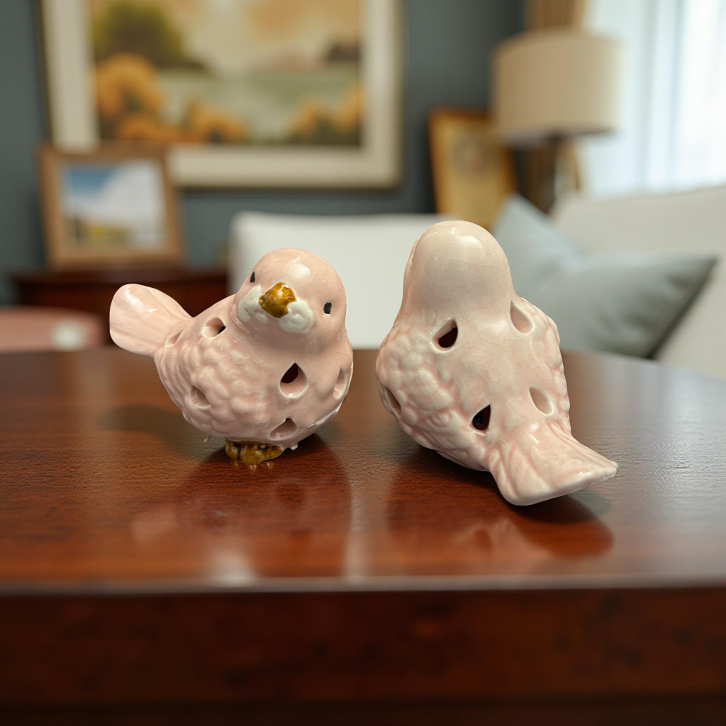 Elegant Pink Ceramic Birds Set with Golden Beak Small