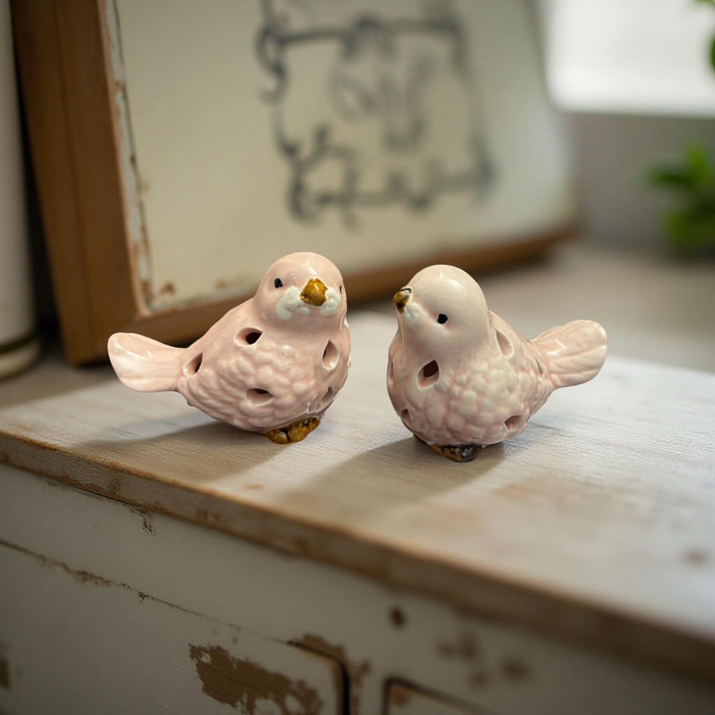 Elegant Pink Ceramic Birds Set with Golden Beak Small
