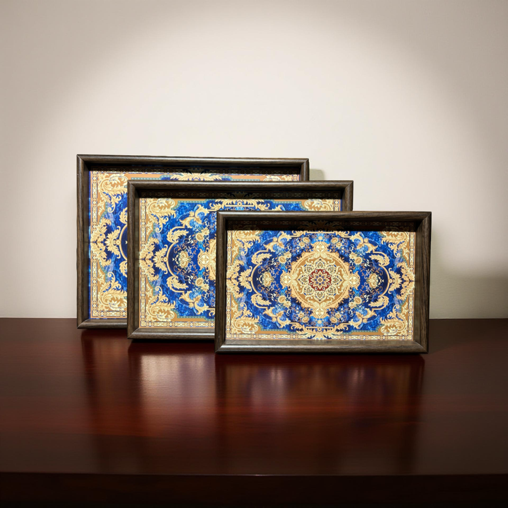 Blue & Persian Carpet Design Wooden Serving Tray Set of 3