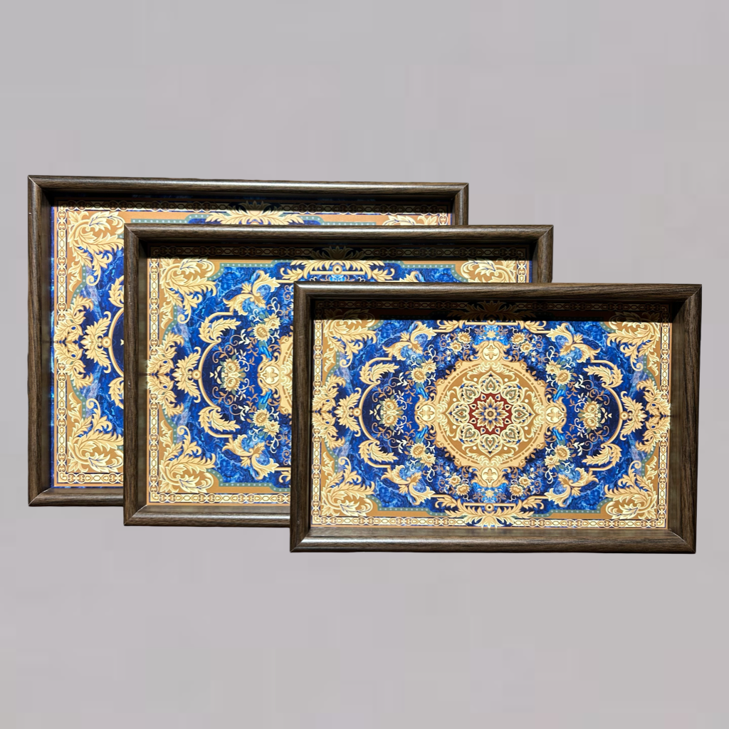 Blue & Persian Carpet Design Wooden Serving Tray Set of 3