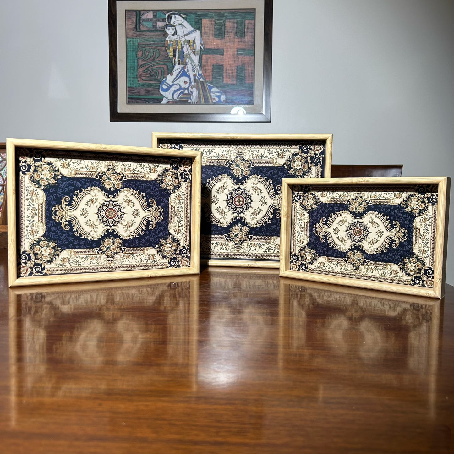 Classic Navy & Ivory Persian Style Serving Tray Set of 3