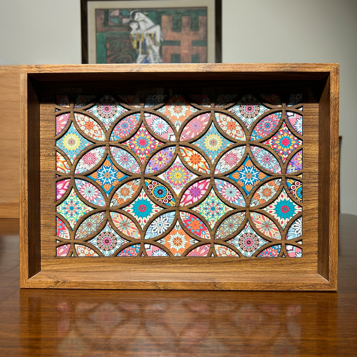 Wooden Serving Tray with Multicolor Mosaic Pattern