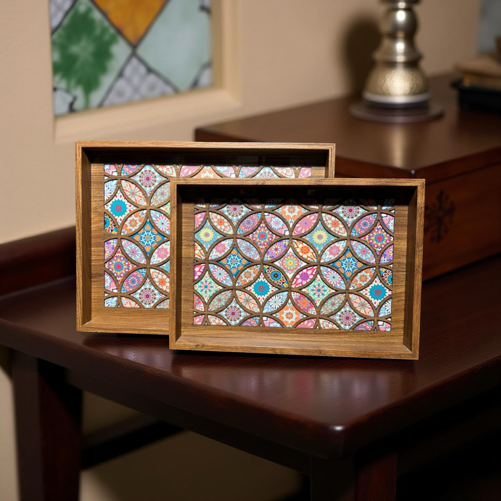 Wooden Serving Tray with Multicolor Mosaic Pattern