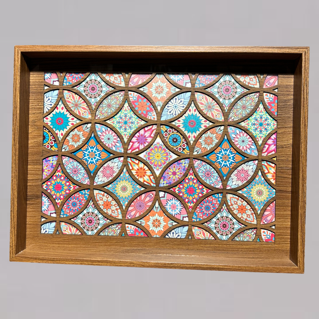 Wooden Serving Tray with Multicolor Mosaic Pattern