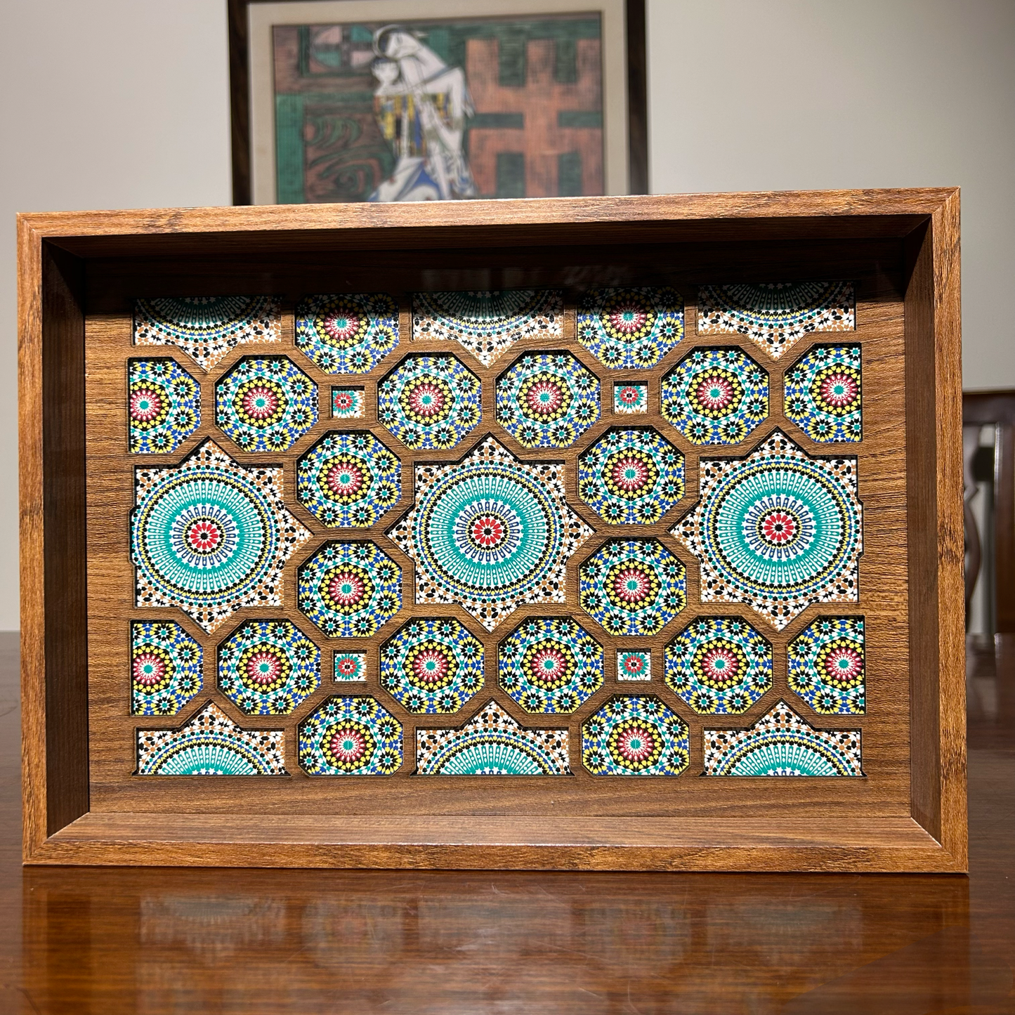 Handcrafted Wooden Tray – Blue & Green Mosaic Design for Serving & Home Décor