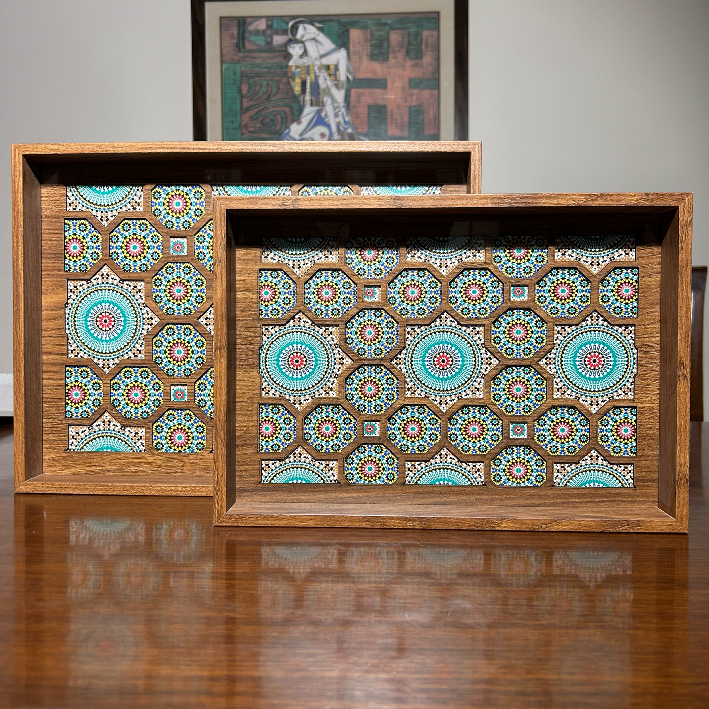 Handcrafted Wooden Tray – Blue & Green Mosaic Design for Serving & Home Décor