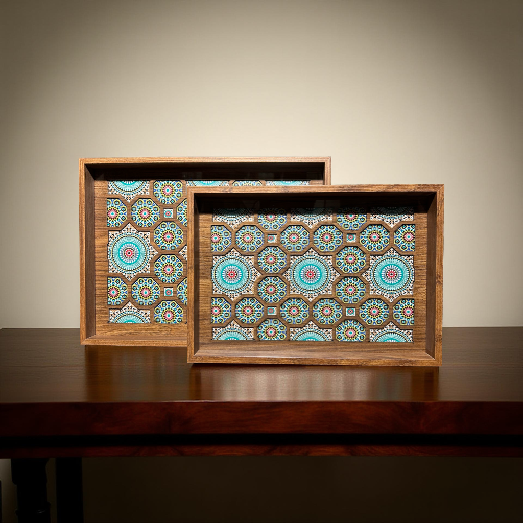 Handcrafted Wooden Tray – Blue & Green Mosaic Design for Serving & Home Décor
