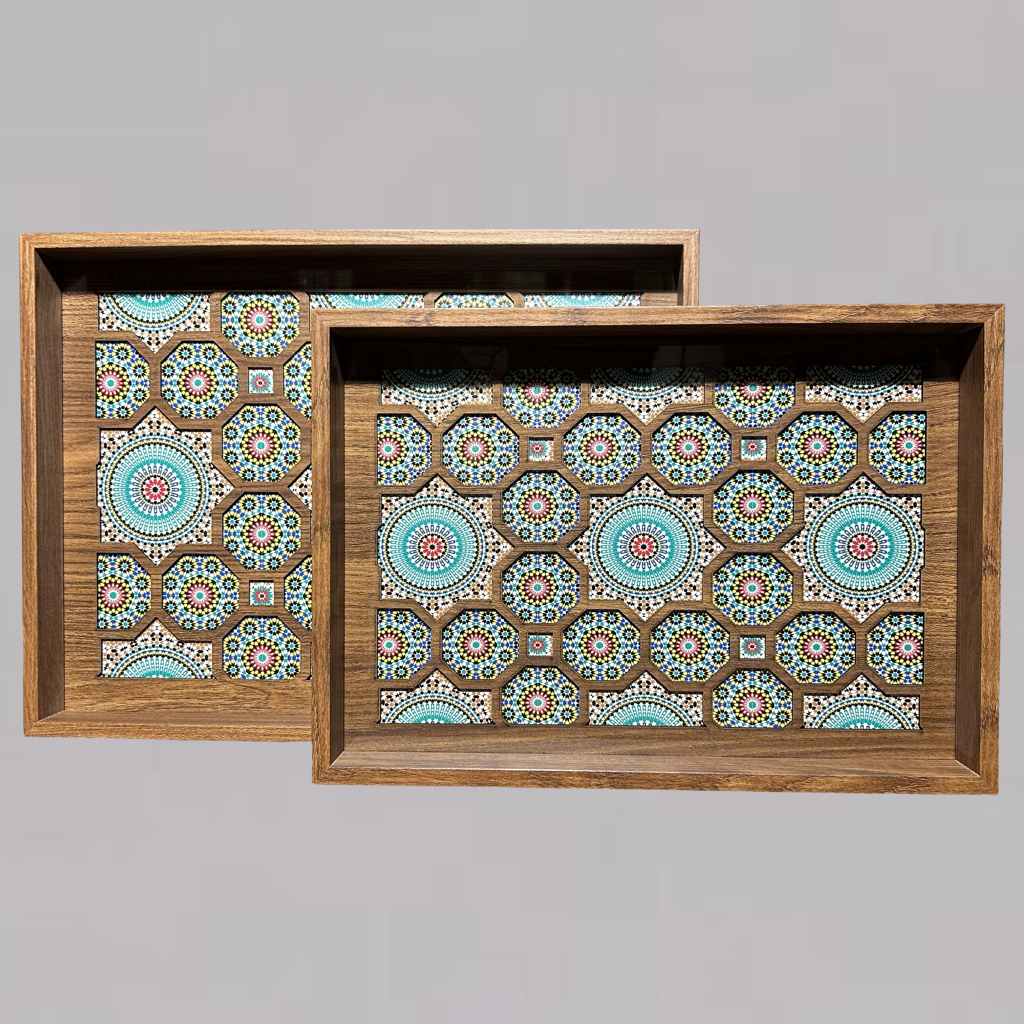 Handcrafted Wooden Tray – Blue & Green Mosaic Design for Serving & Home Décor