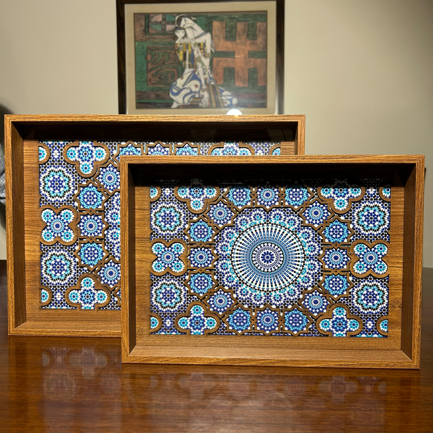 Handcrafted Wooden Tray – Artistic Blue Tile Mandala Design for Kitchen & Dining