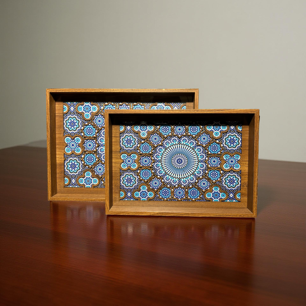 Handcrafted Wooden Tray – Artistic Blue Tile Mandala Design for Kitchen & Dining