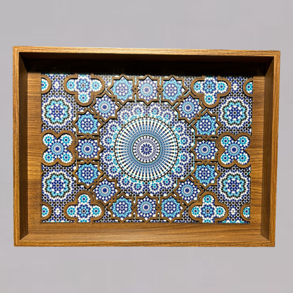 Handcrafted Wooden Tray – Artistic Blue Tile Mandala Design for Kitchen & Dining