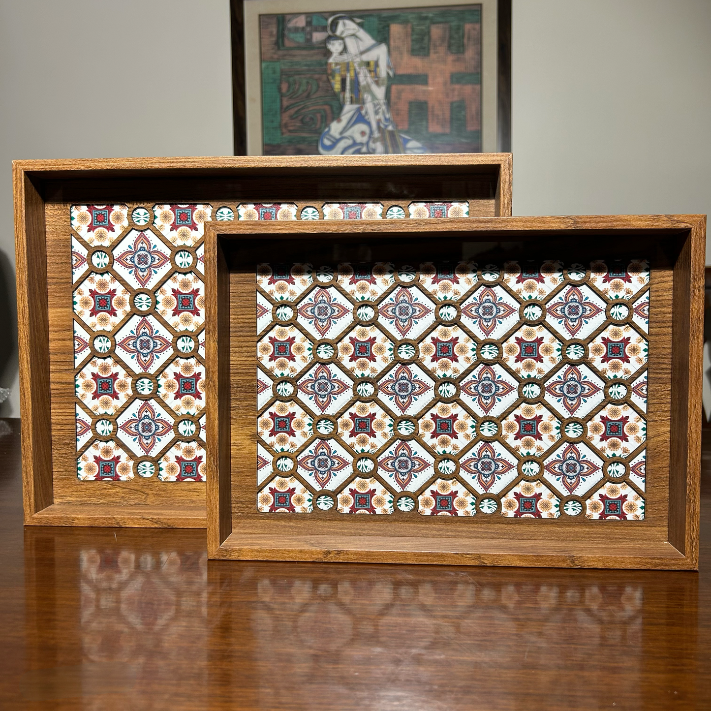 Wooden Serving Tray with Red & Blue Geometric Mosaic Pattern