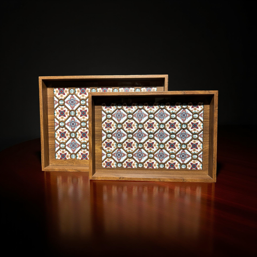 Wooden Serving Tray with Red & Blue Geometric Mosaic Pattern