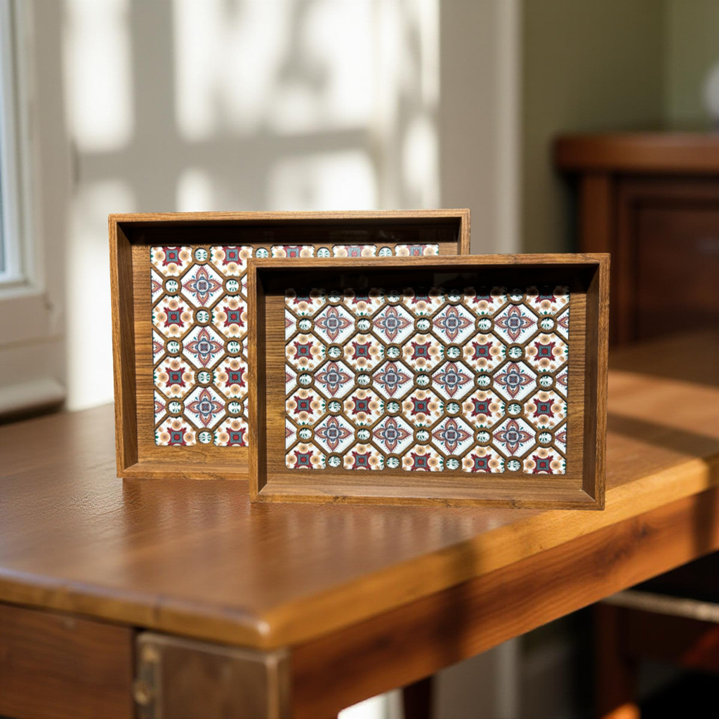 Wooden Serving Tray with Red & Blue Geometric Mosaic Pattern