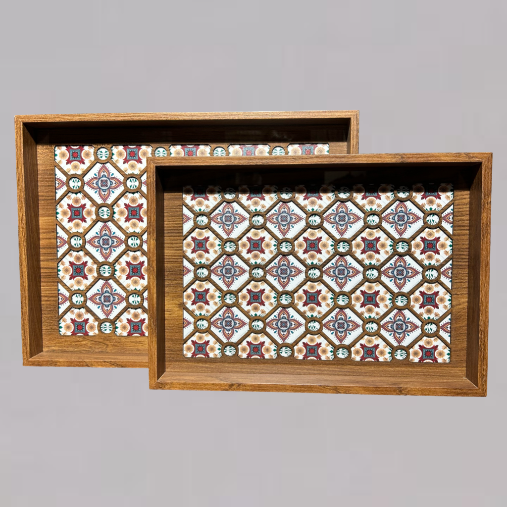 Wooden Serving Tray with Red & Blue Geometric Mosaic Pattern