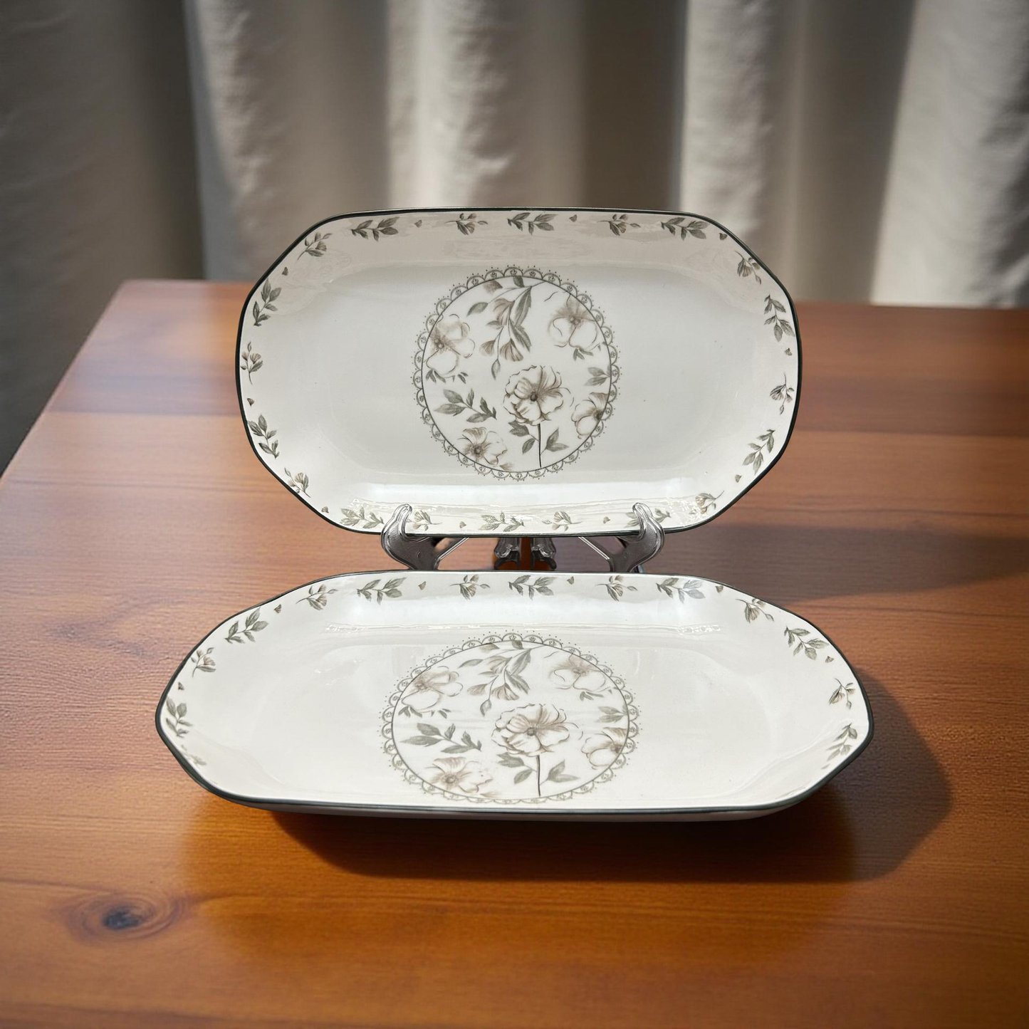 Classic White & Grey Floral Pattern Serving Platter Set of 2