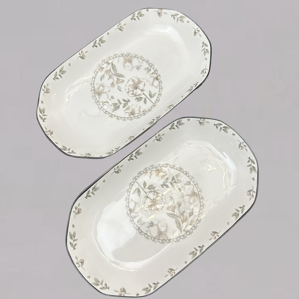 Classic White & Grey Floral Pattern Serving Platter Set of 2