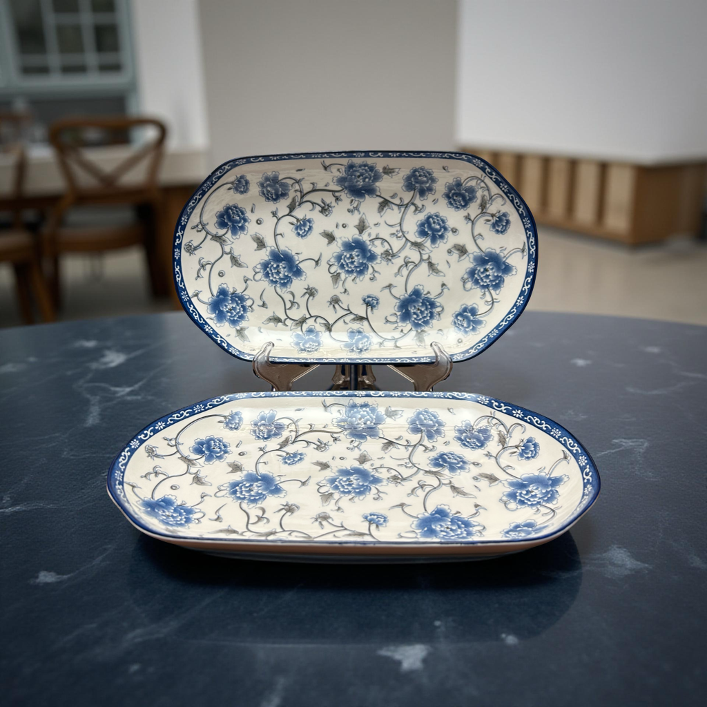 White and Blue Flower Design Serving Plates Set of 2