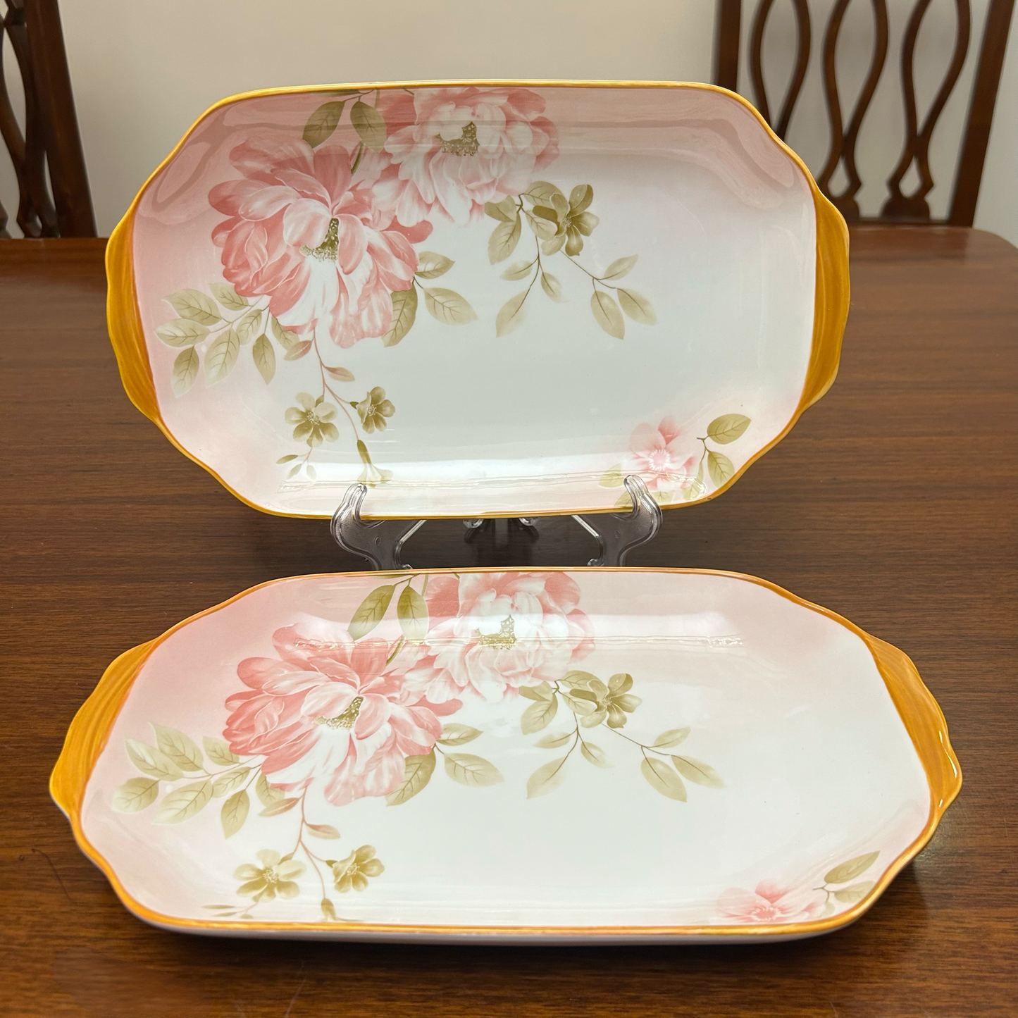 Rectangular Plates with Pink Floral Pattern Ceramic Platter Set