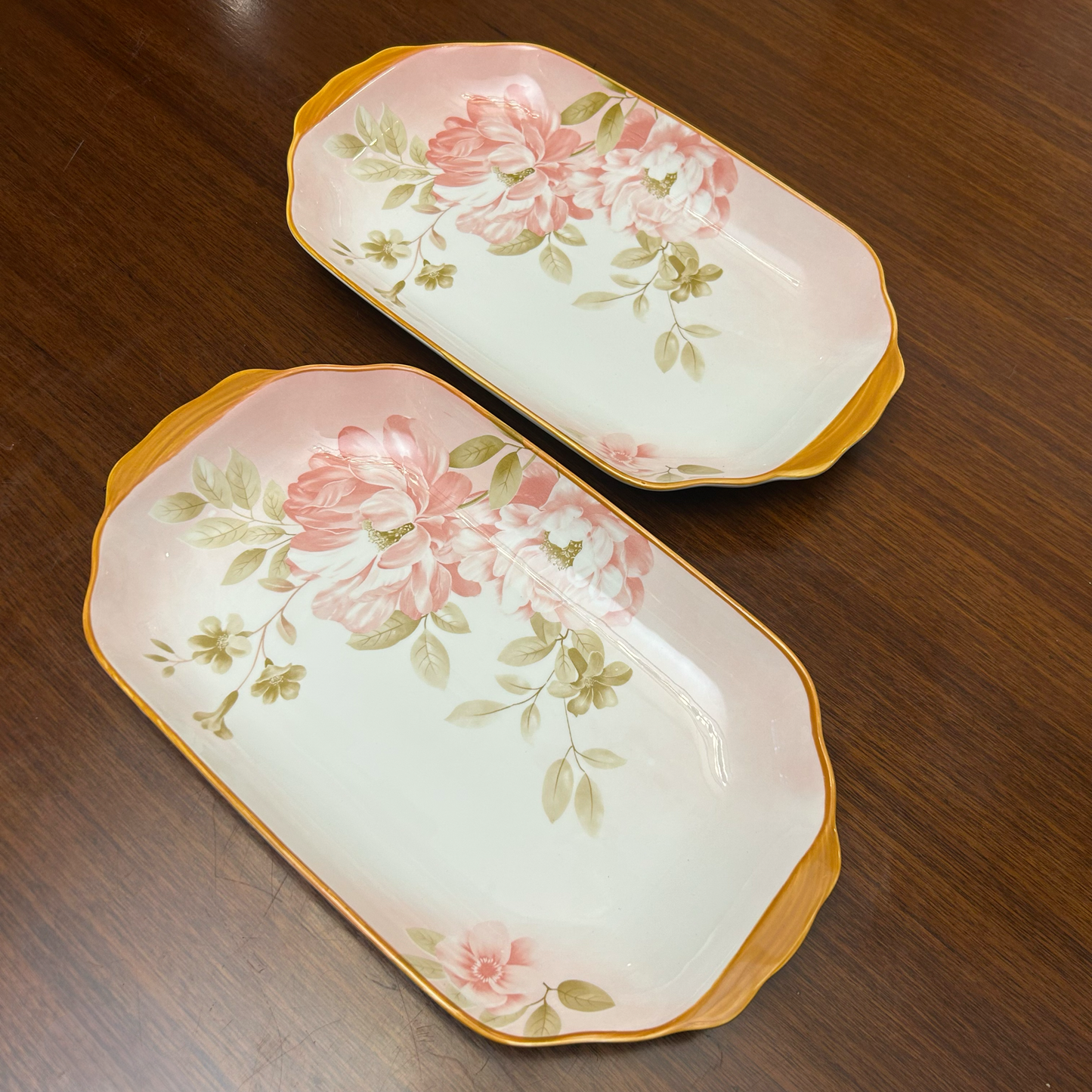 Rectangular Plates with Pink Floral Pattern Ceramic Platter Set