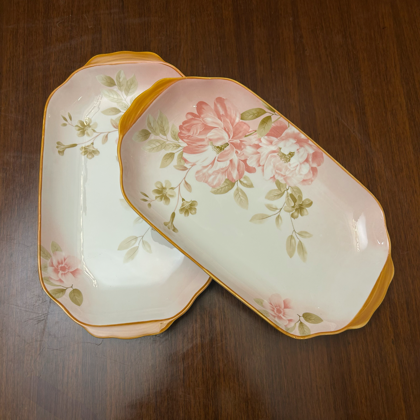 Rectangular Plates with Pink Floral Pattern Ceramic Platter Set