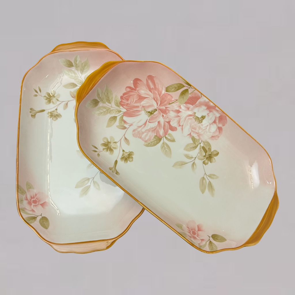 Rectangular Plates with Pink Floral Pattern Ceramic Platter Set