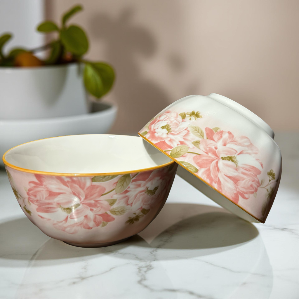 Ceramic Bowl Set of 2 – Elegant Pink Floral Design for Serving & Dining