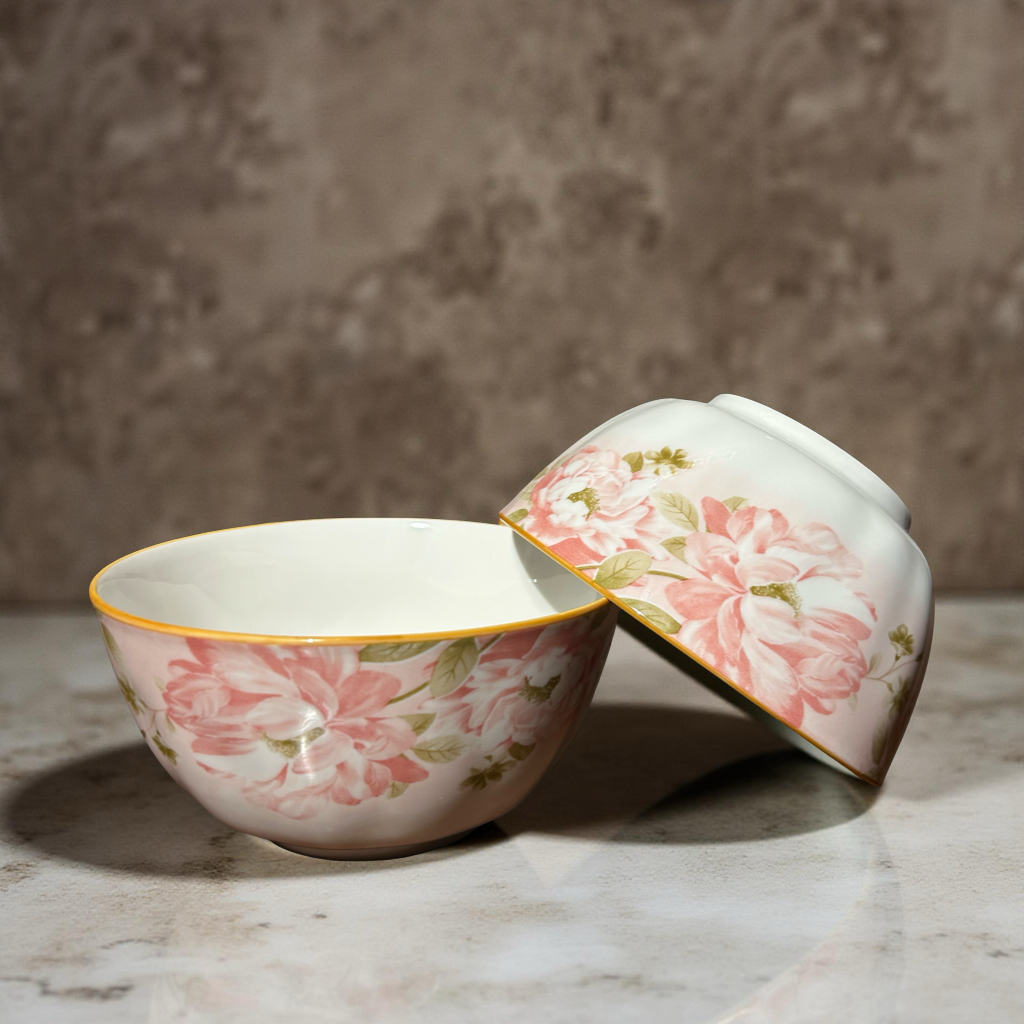 Ceramic Bowl Set of 2 – Elegant Pink Floral Design for Serving & Dining